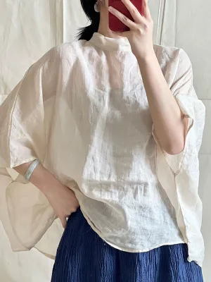xakxx Batwing Sleeves Loose Lace-Up See-Through Solid Color Stand Collar Shirts Tops