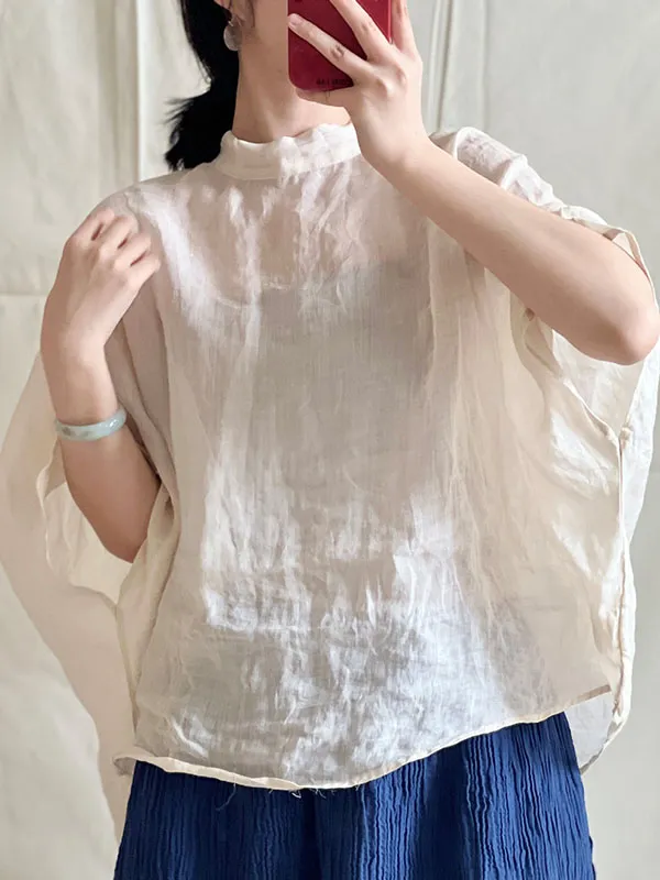 xakxx Batwing Sleeves Loose Lace-Up See-Through Solid Color Stand Collar Shirts Tops