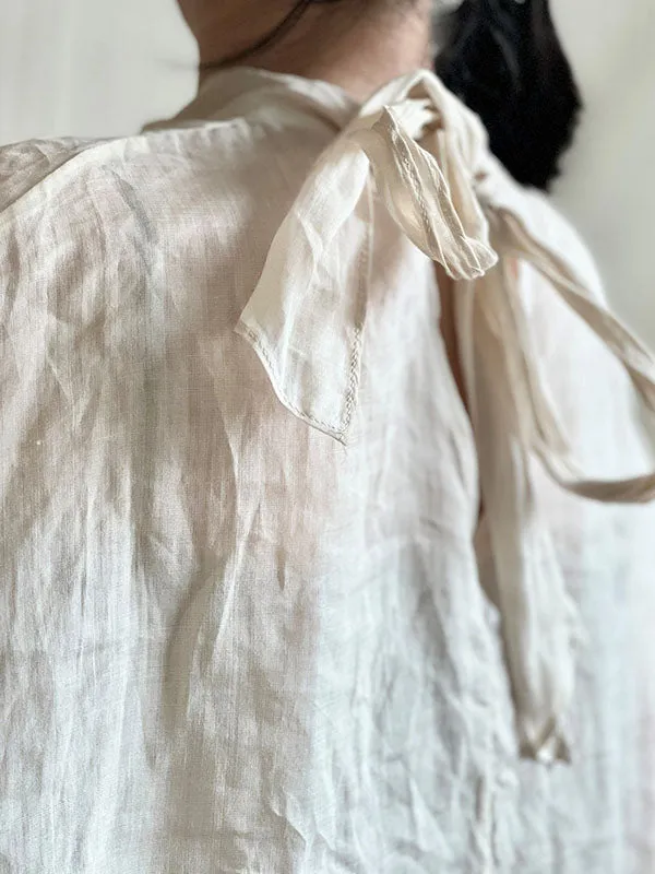 xakxx Batwing Sleeves Loose Lace-Up See-Through Solid Color Stand Collar Shirts Tops