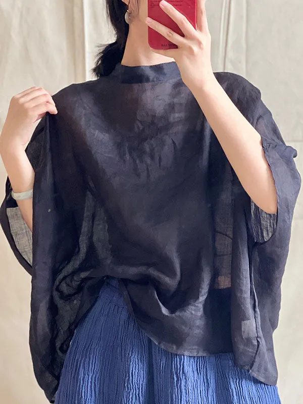 xakxx Batwing Sleeves Loose Lace-Up See-Through Solid Color Stand Collar Shirts Tops