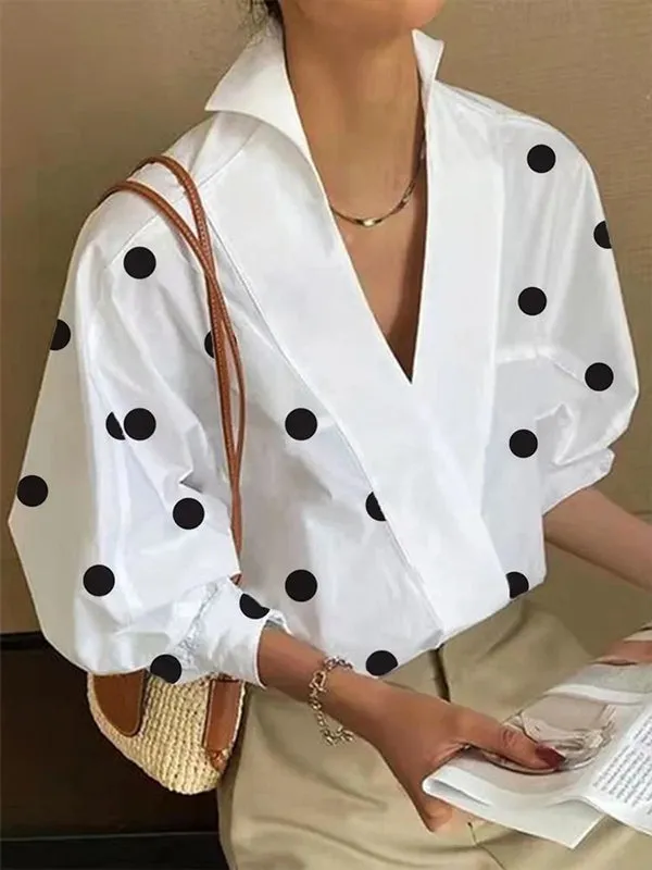 xakxx Loose Puff Sleeves Polka-Dot Lapel Collar Blouses&Shirts Tops