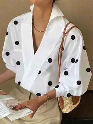 xakxx Loose Puff Sleeves Polka-Dot Lapel Collar Blouses&Shirts Tops
