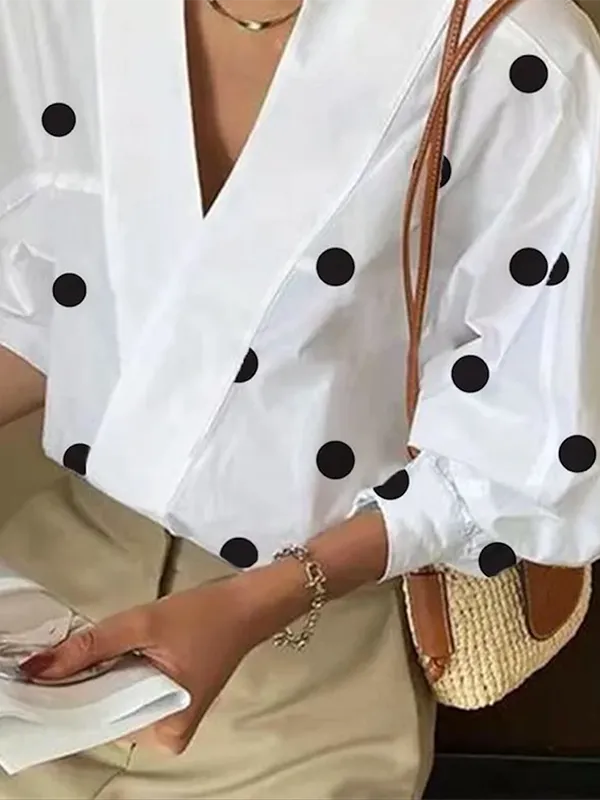 xakxx Loose Puff Sleeves Polka-Dot Lapel Collar Blouses&Shirts Tops