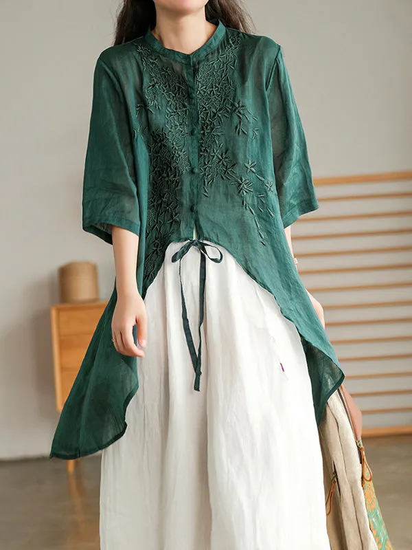 xakxx Original Embroidered Irregularity Round-Neck Blouse Tops