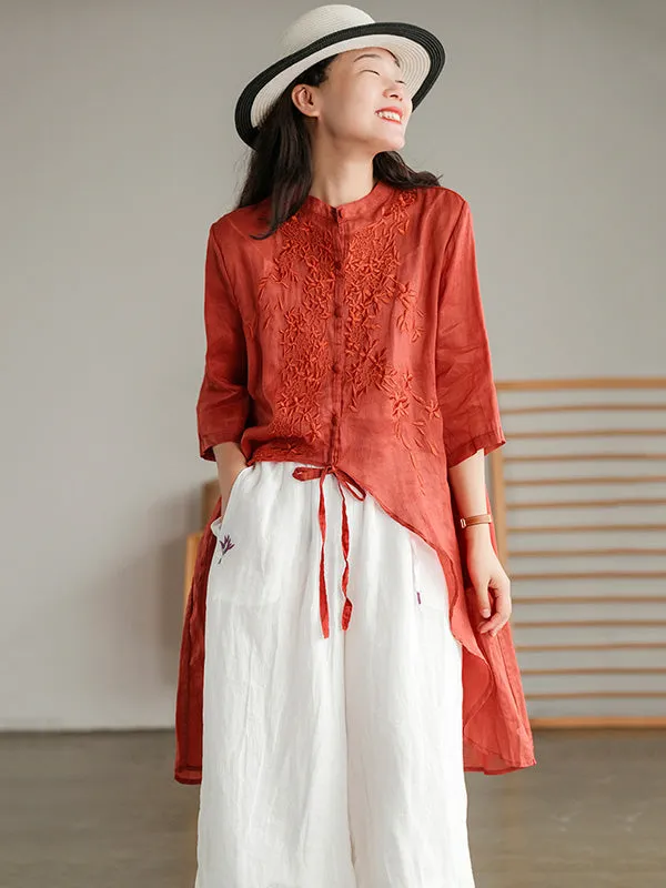 xakxx Original Embroidered Irregularity Round-Neck Blouse Tops