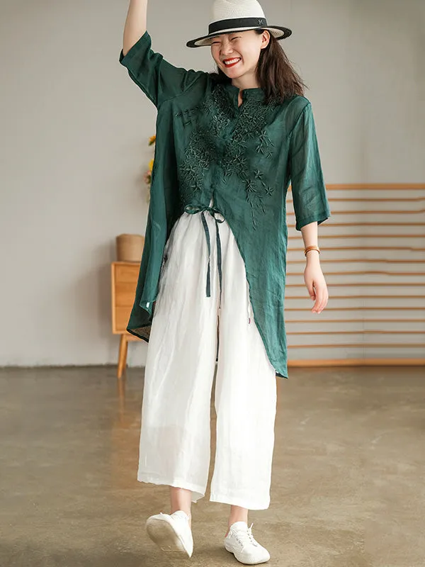 xakxx Original Embroidered Irregularity Round-Neck Blouse Tops