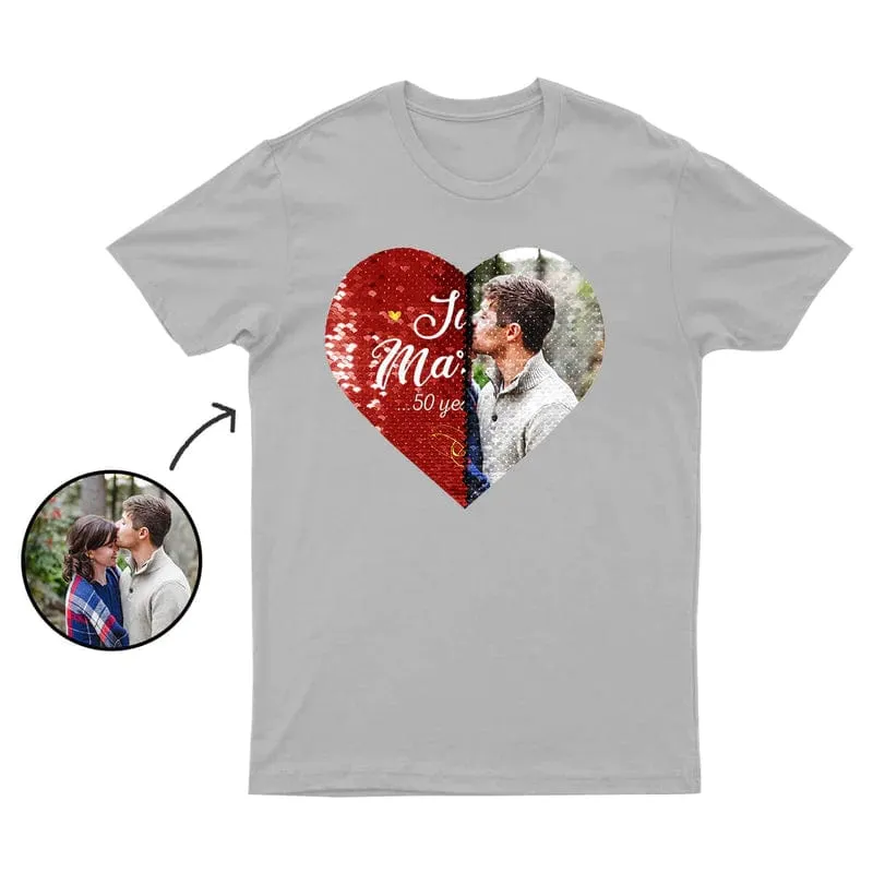 #XS-4XL-Custom Photo DIY Heart Flip Sequin Tee Just Married Unisex Cotton T-shirt  For Men and Women
