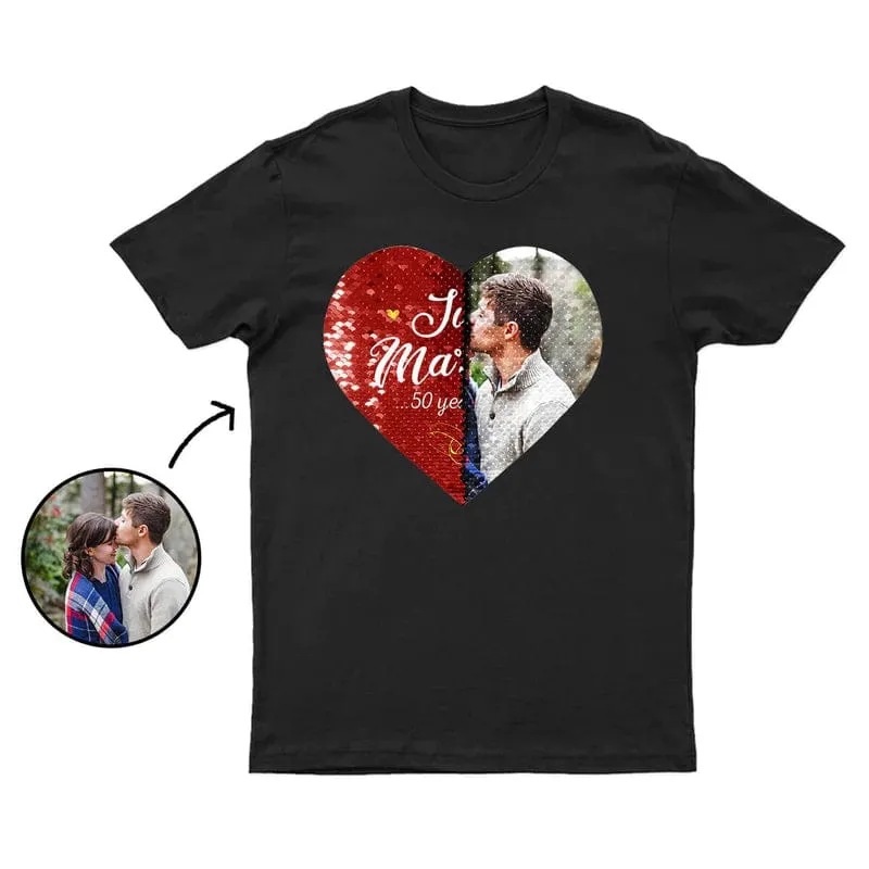 #XS-4XL-Custom Photo DIY Heart Flip Sequin Tee Just Married Unisex Cotton T-shirt  For Men and Women