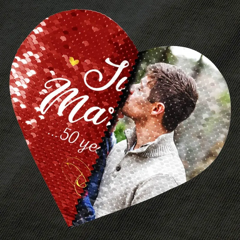 #XS-4XL-Custom Photo DIY Heart Flip Sequin Tee Just Married Unisex Cotton T-shirt  For Men and Women