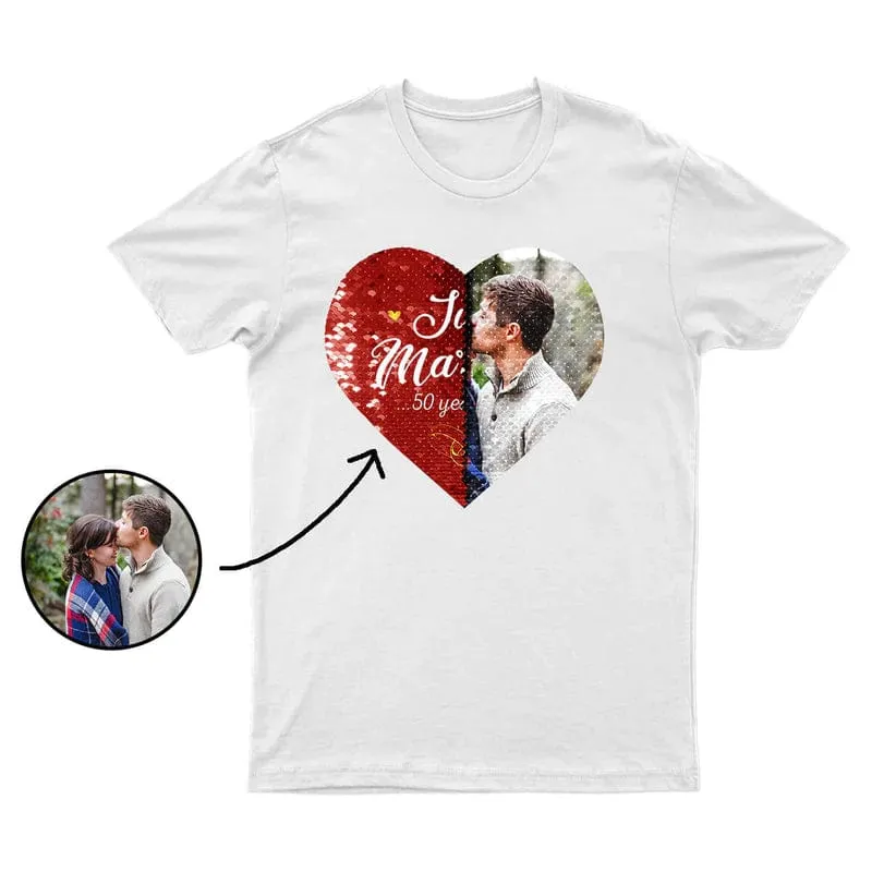 #XS-4XL-Custom Photo DIY Heart Flip Sequin Tee Just Married Unisex Cotton T-shirt  For Men and Women