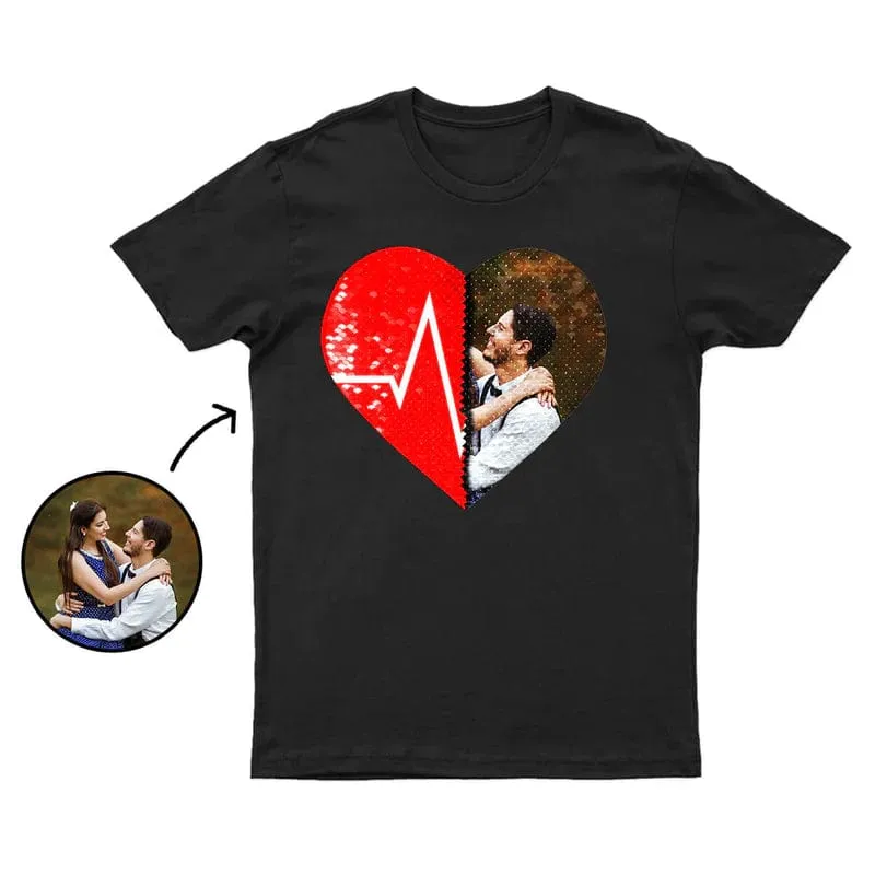 #XS-4XL-Custom Photo DIY Heart Flip Sequin Tee Unisex Cotton T-shirt  For Men and Women