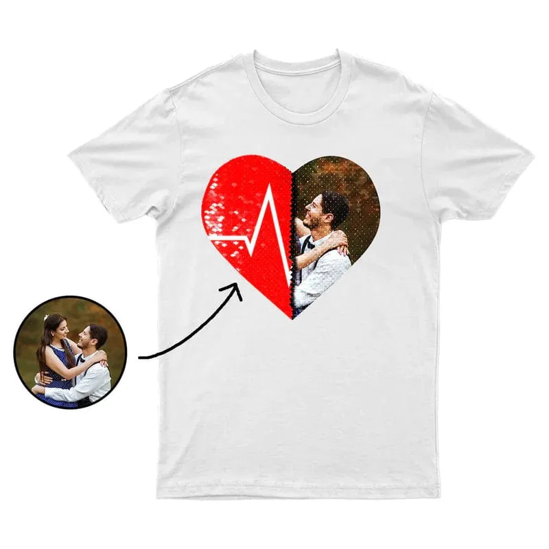 #XS-4XL-Custom Photo DIY Heart Flip Sequin Tee Unisex Cotton T-shirt  For Men and Women