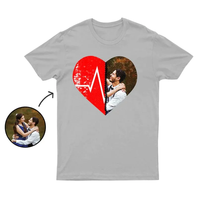 #XS-4XL-Custom Photo DIY Heart Flip Sequin Tee Unisex Cotton T-shirt  For Men and Women